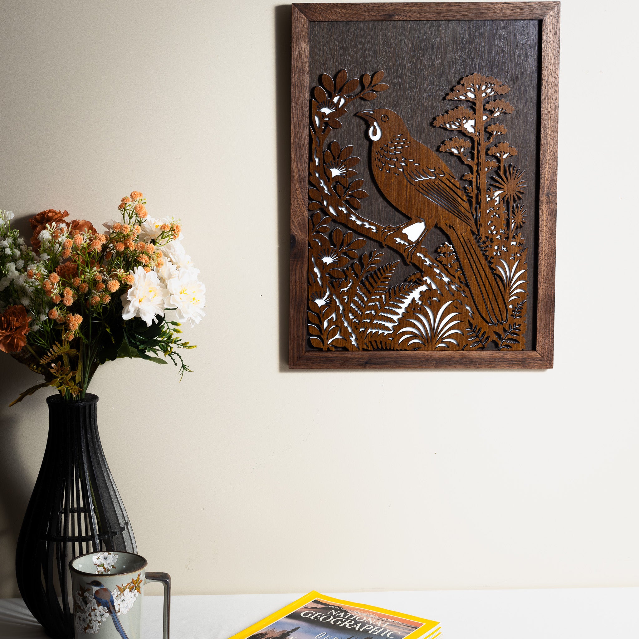 North Island Kōkako – A3 Signature Wall Art (Oak or Walnut)