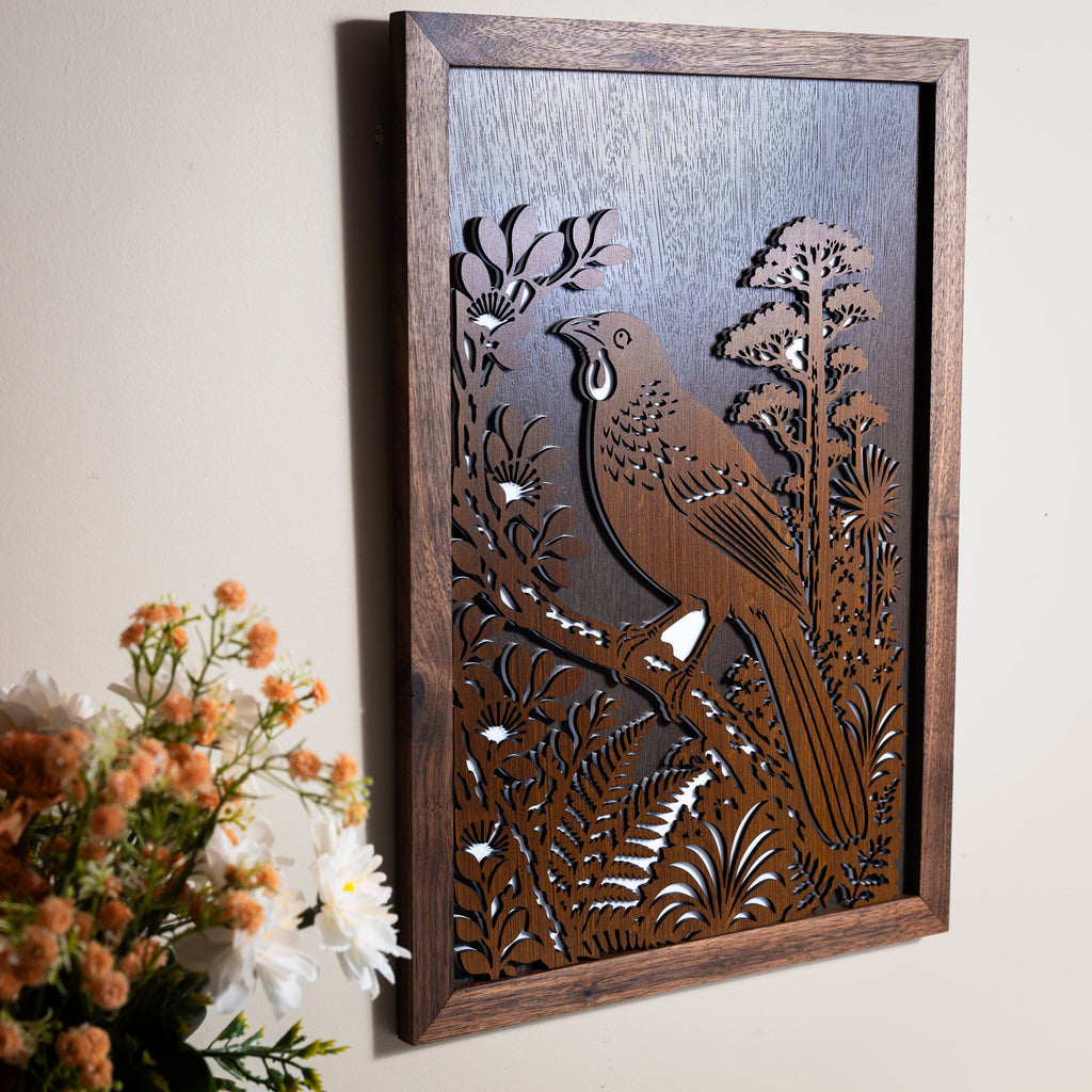 North Island Kōkako – A3 Signature Wall Art (Oak or Walnut)