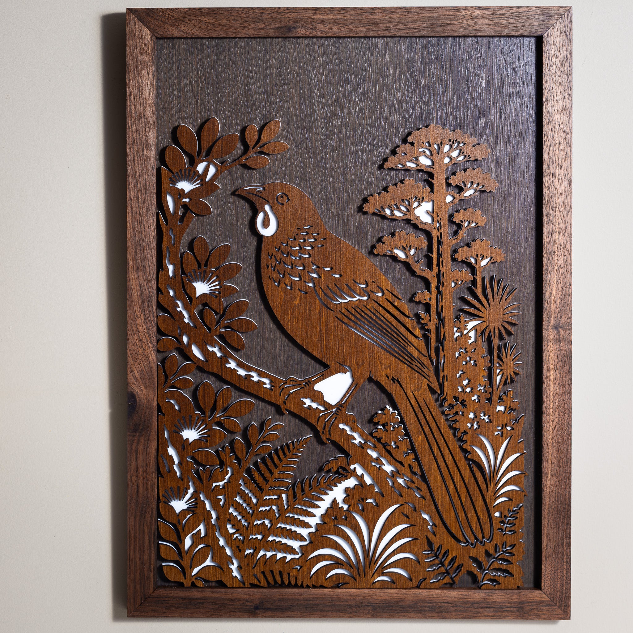 North Island Kōkako – A3 Signature Wall Art (Oak or Walnut)