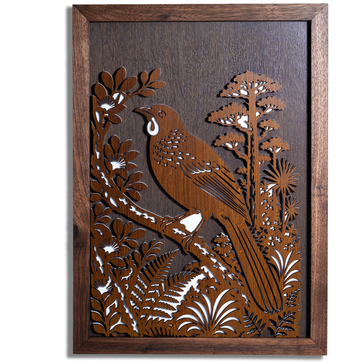 Kōkako Layered Wall Art – A3, Oak or Walnut Frame