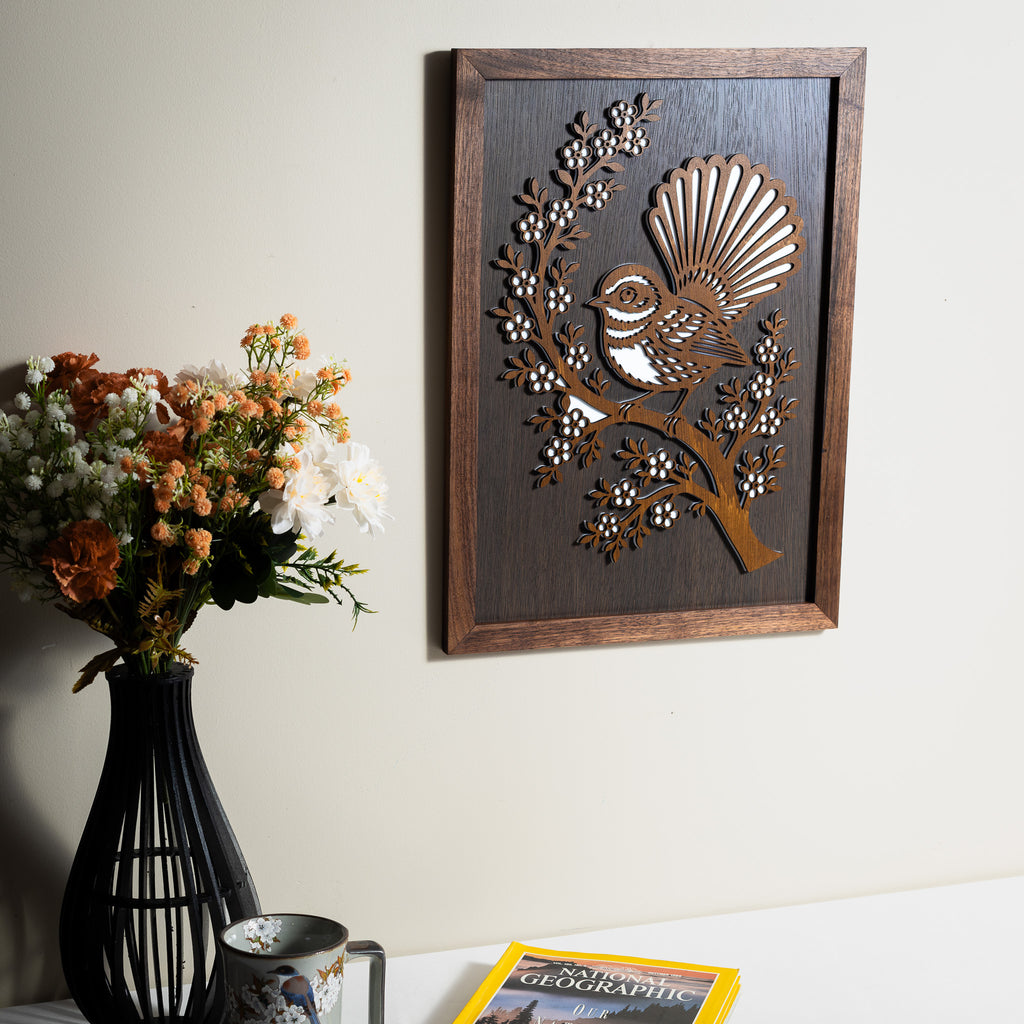 New Zealand Fantail / Pīwakawaka – A3 Signature Wall Art (Oak or Walnut)