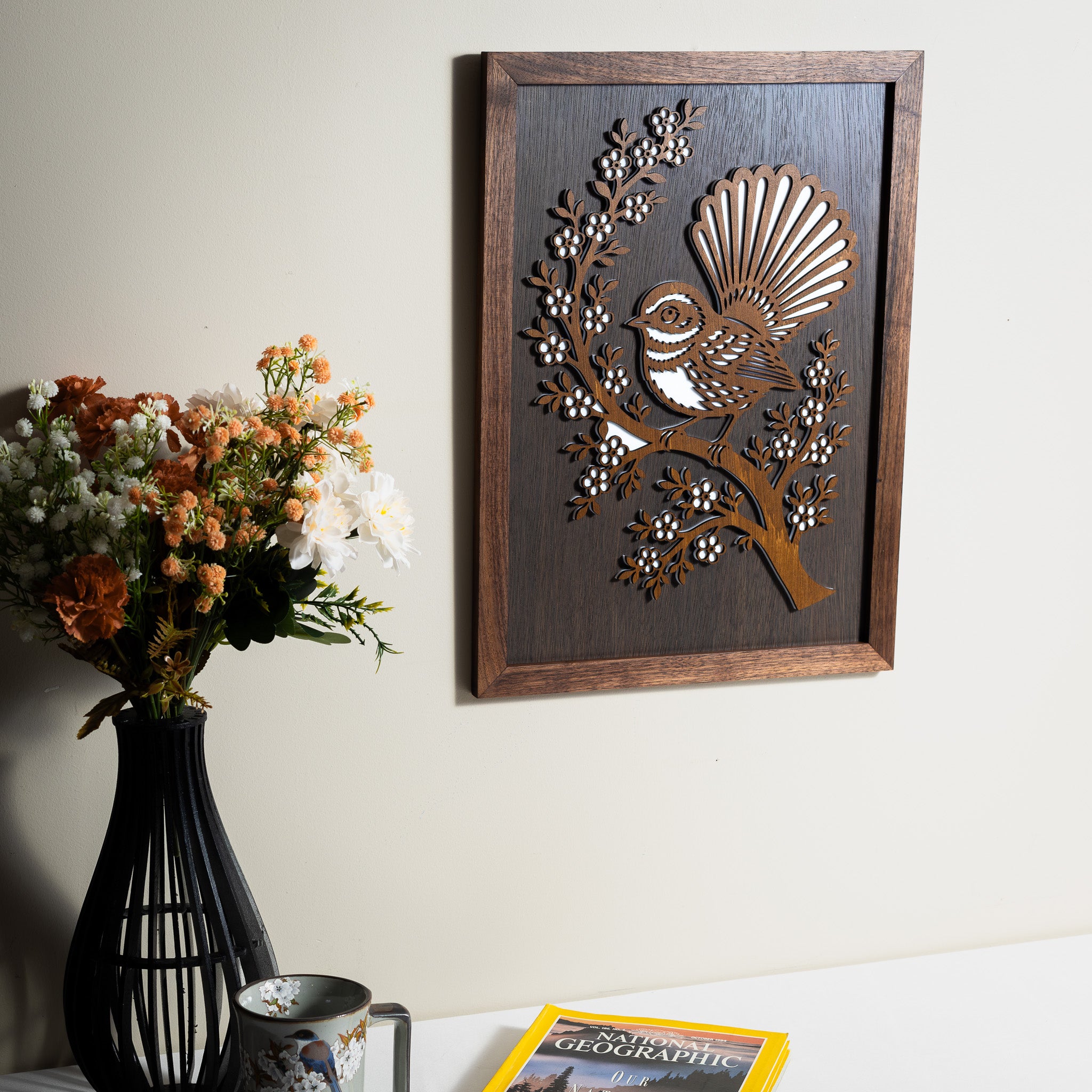 New Zealand Fantail / Pīwakawaka – A3 Signature Wall Art (Oak or Walnut)