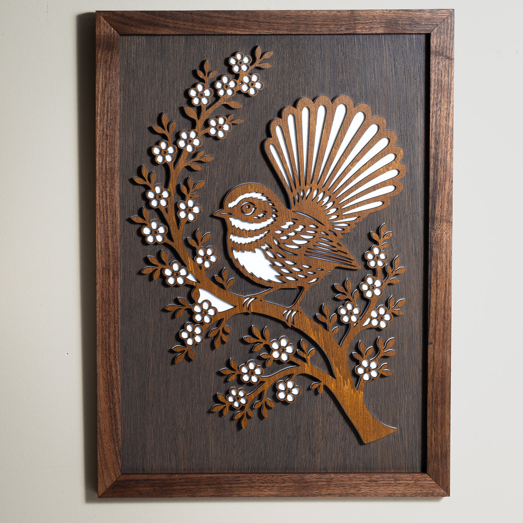 New Zealand Fantail / Pīwakawaka – A3 Signature Wall Art (Oak or Walnut)