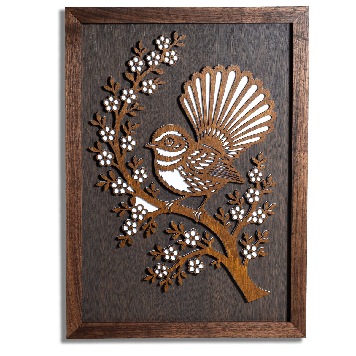 Fantail / Pīwakawaka Layered Wall Art – A3, Oak or Walnut Frame