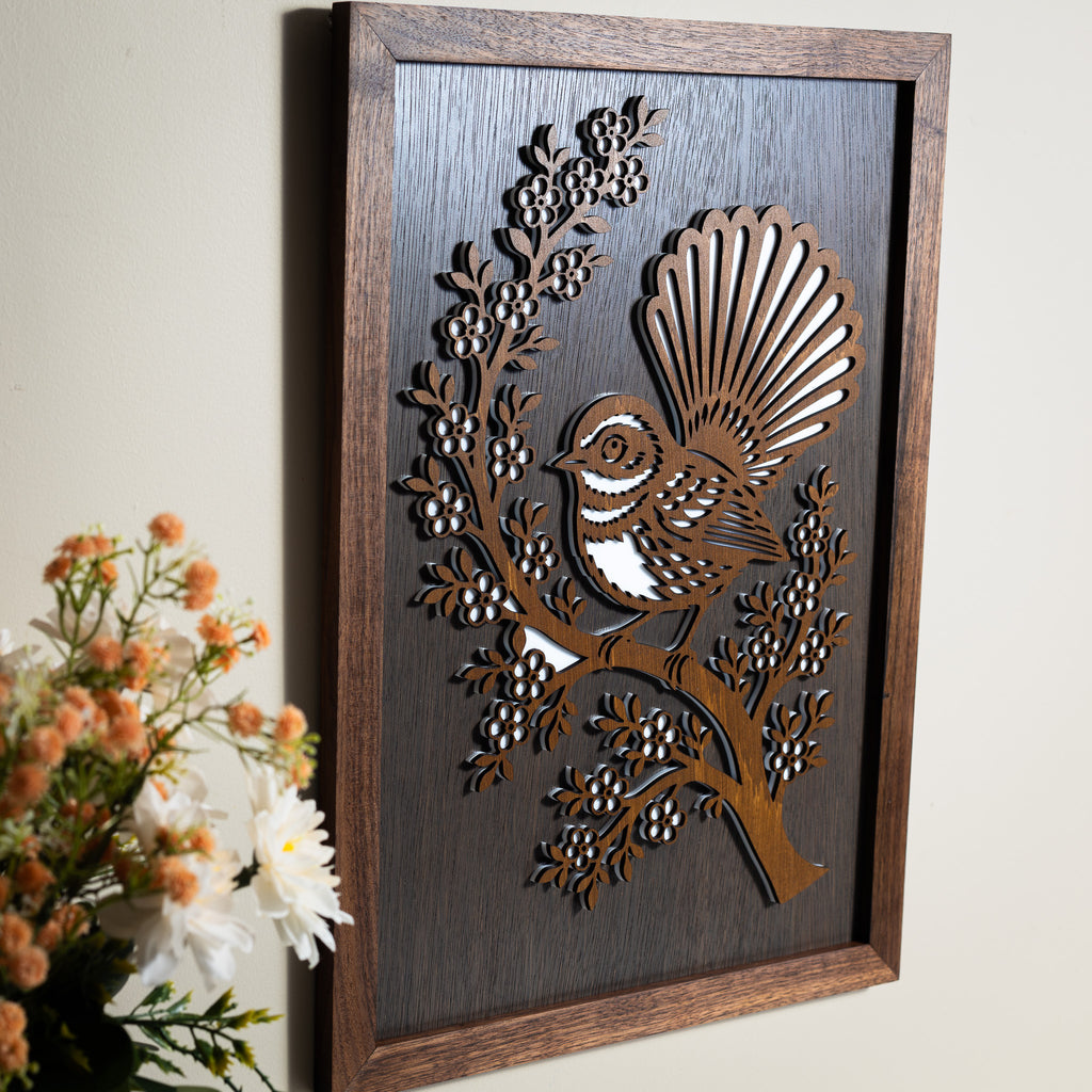 New Zealand Fantail / Pīwakawaka – A3 Signature Wall Art (Oak or Walnut)