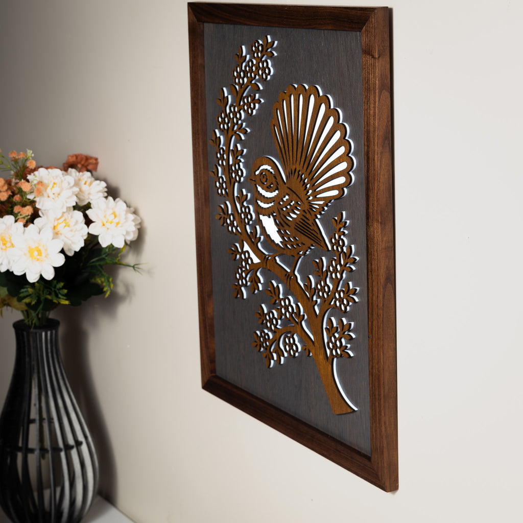 New Zealand Fantail / Pīwakawaka – A3 Signature Wall Art (Oak or Walnut)