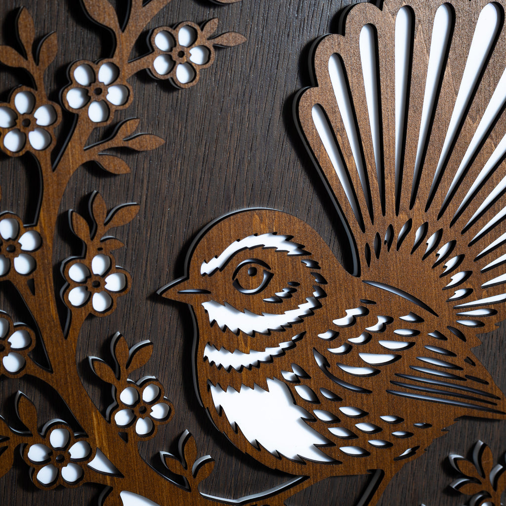 New Zealand Fantail / Pīwakawaka – A3 Signature Wall Art (Oak or Walnut)