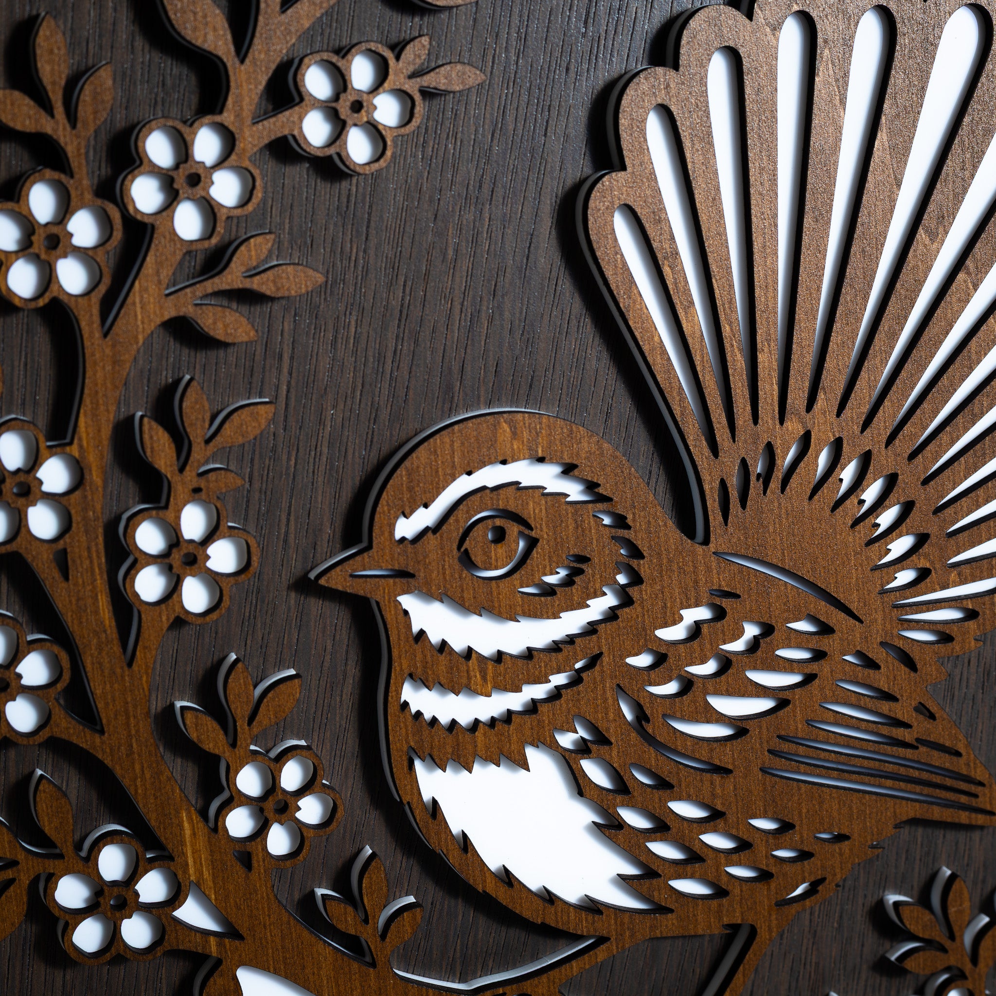 New Zealand Fantail / Pīwakawaka – A3 Signature Wall Art (Oak or Walnut)