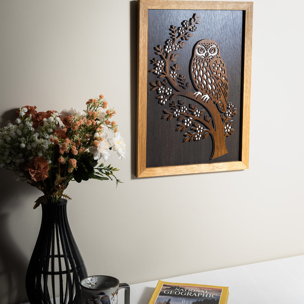 Morepork / Ruru – A3 Signature Wall Art (Oak or Walnut)