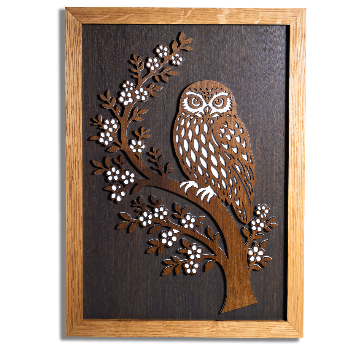 Morepork / Ruru Layered Wall Art – A3, Oak or Walnut Frame