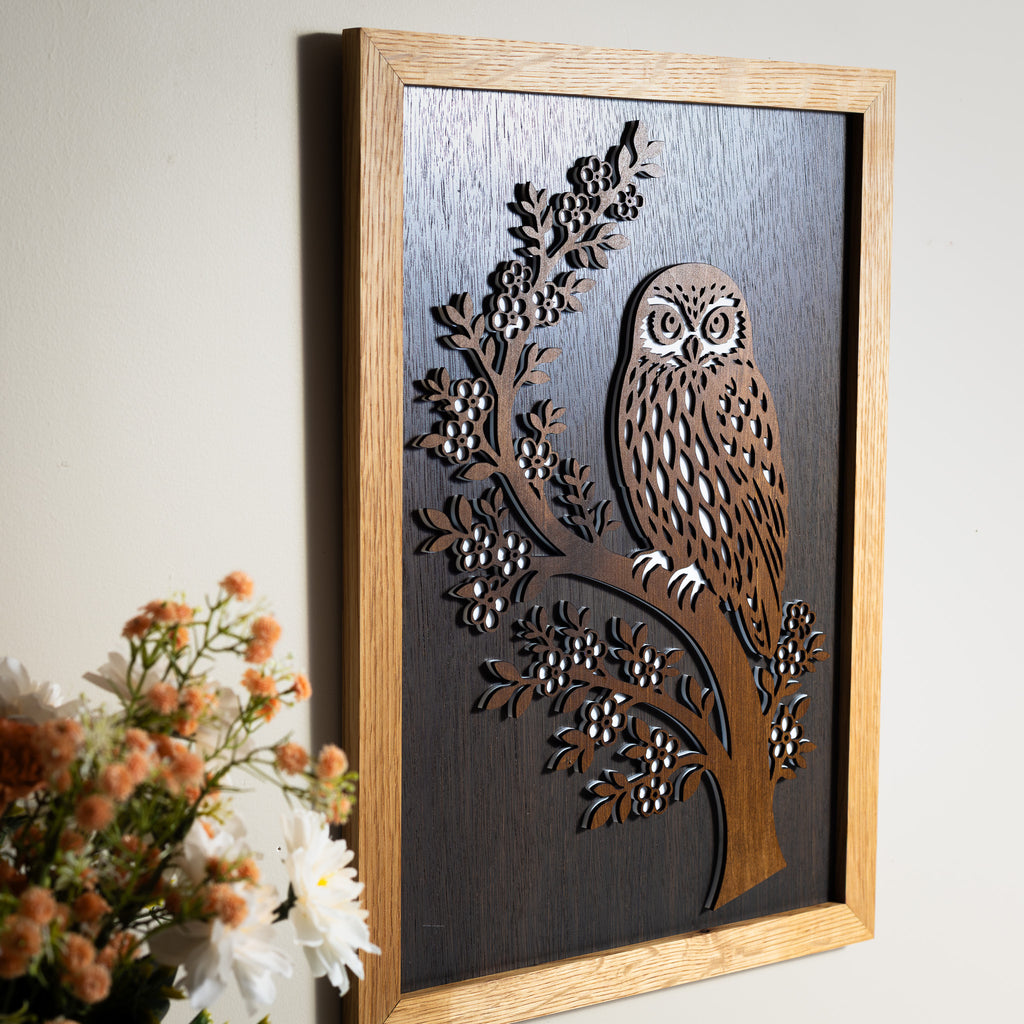Morepork / Ruru – A3 Signature Wall Art (Oak or Walnut)