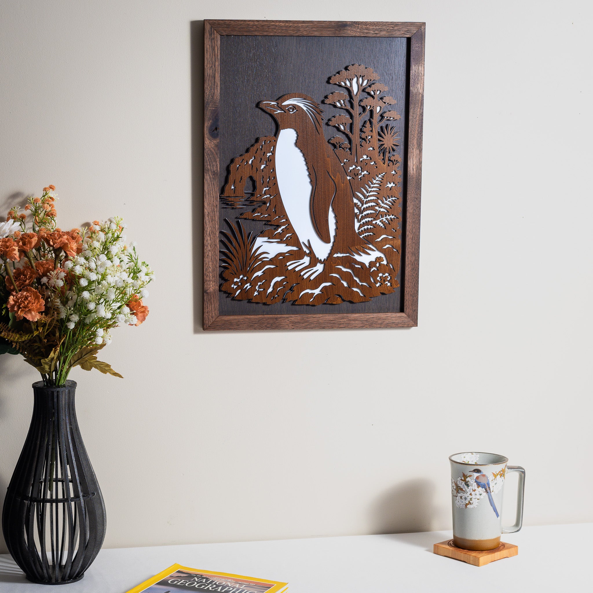 Fiordland Crested Penguin / Tawaki – A3 Signature Wall Art (Oak or Walnut)