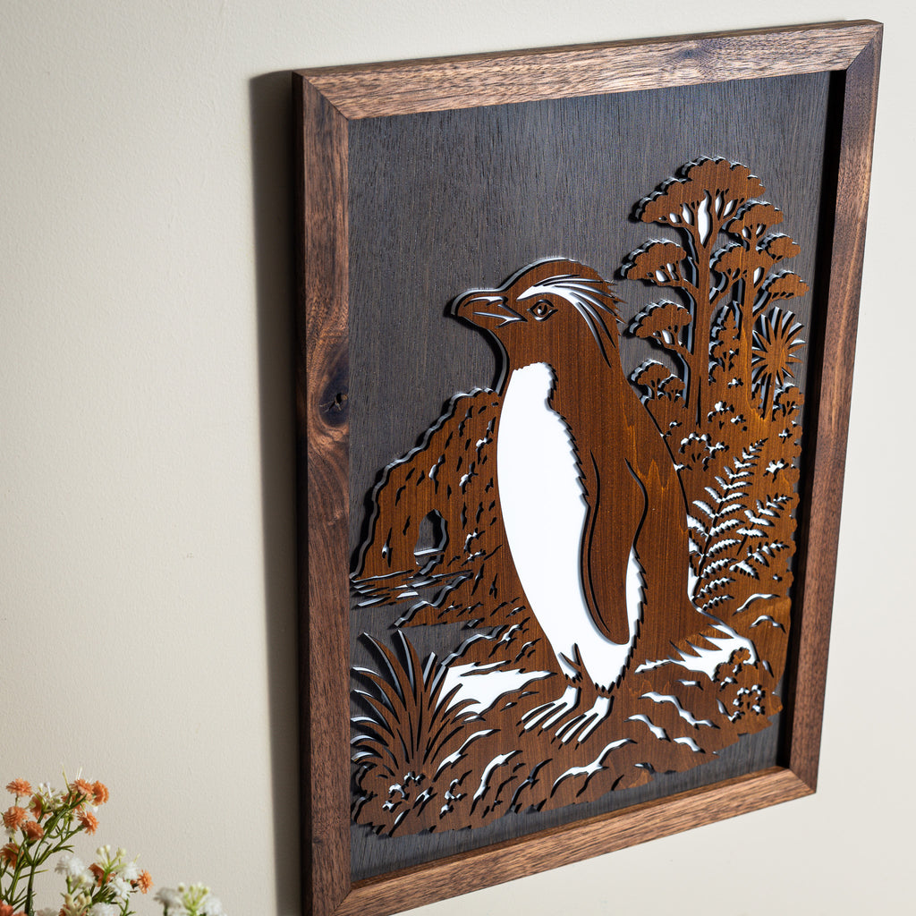 Fiordland Crested Penguin / Tawaki – A3 Signature Wall Art (Oak or Walnut)