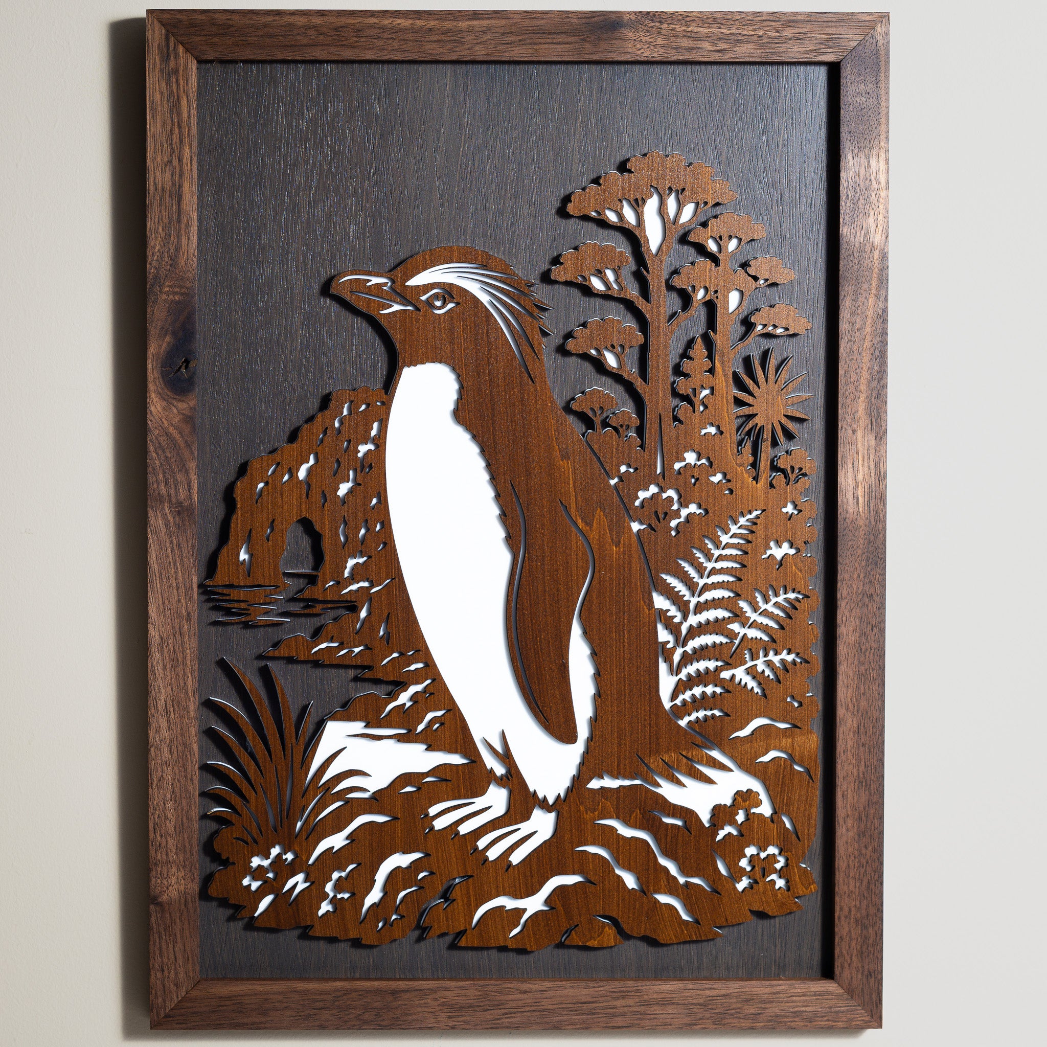 Fiordland Crested Penguin / Tawaki – A3 Signature Wall Art (Oak or Walnut)