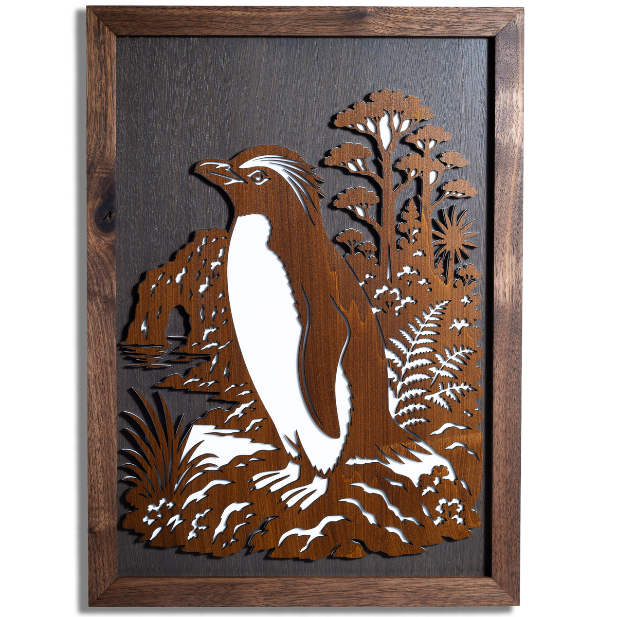 Tawaki Penguin Layered Wall Art – A3, Oak or Walnut Frame
