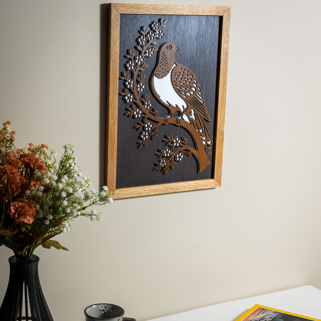 New Zealand Wood Pigeon / Kererū – A3 Signature Wall Art (Oak or Walnut)