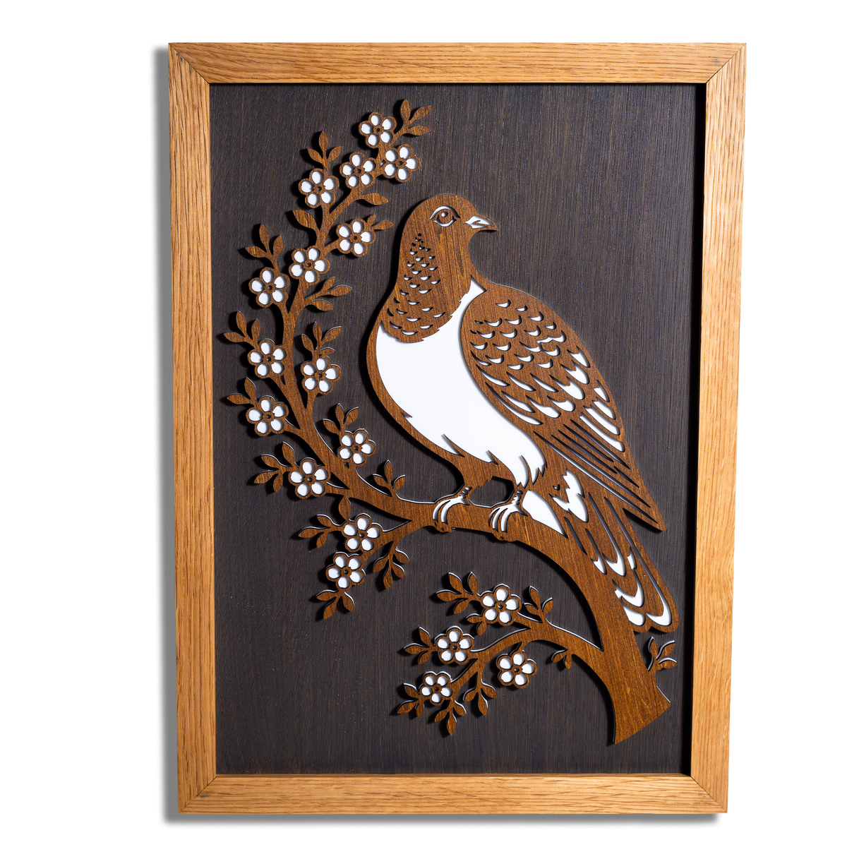 Kererū Layered Wall Art – A3, Oak or Walnut Frame