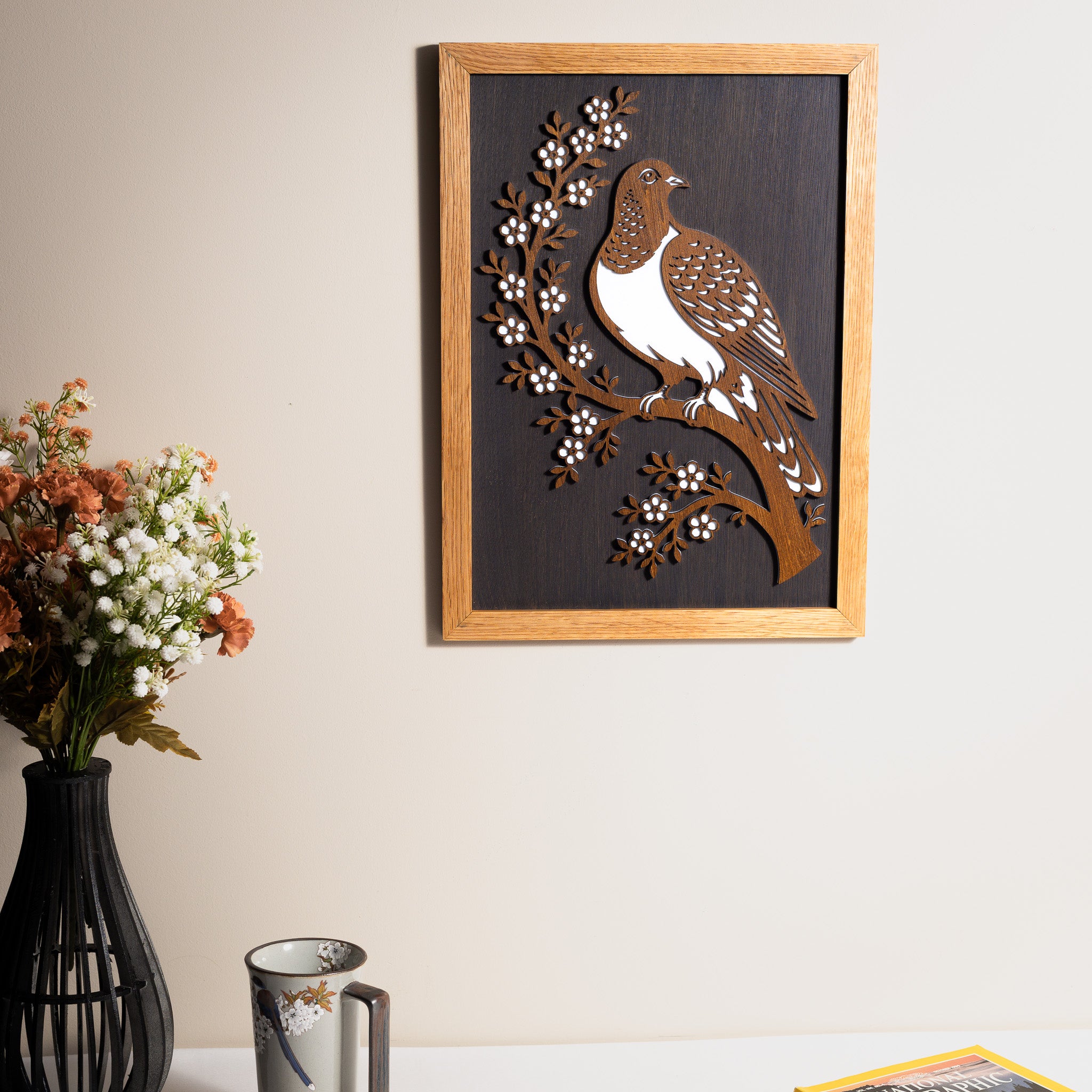 New Zealand Wood Pigeon / Kererū – A3 Signature Wall Art (Oak or Walnut)