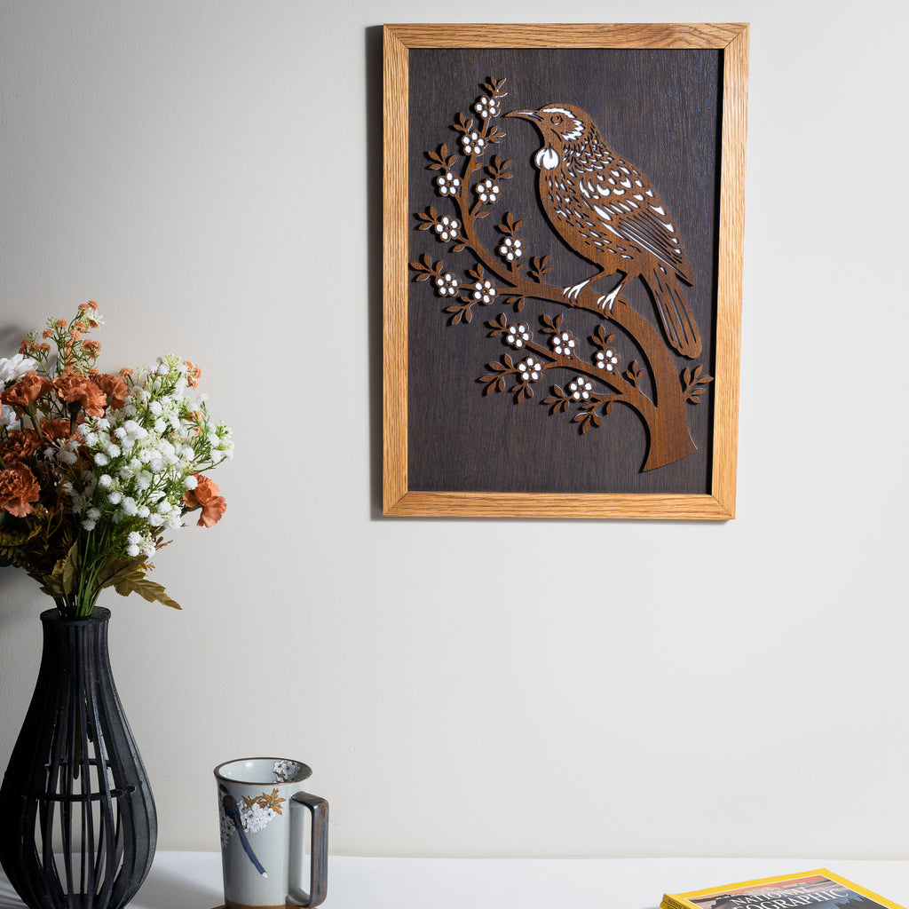 Tūī – A3 Signature Wall Art (Oak or Walnut)