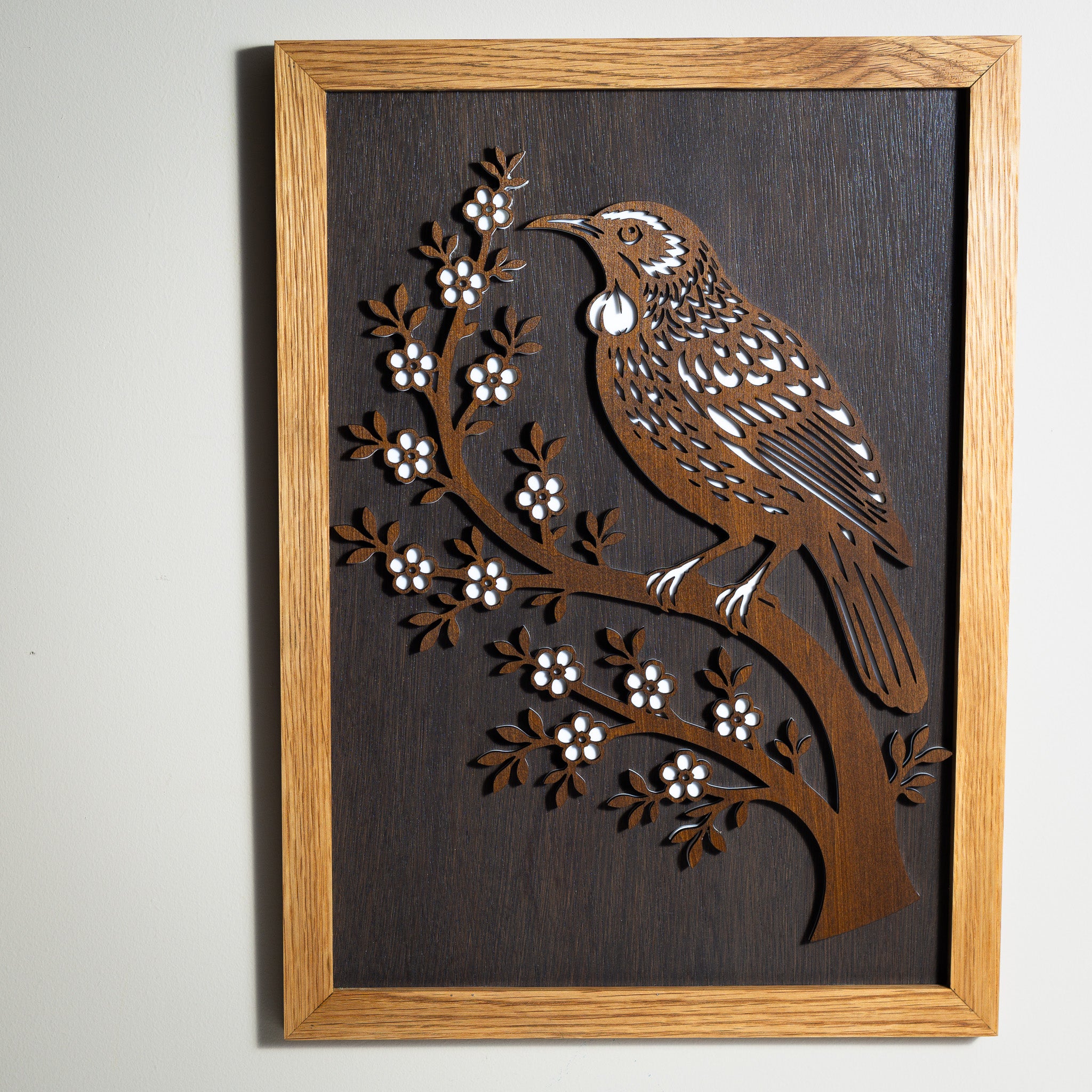 Tūī – A3 Signature Wall Art (Oak or Walnut)