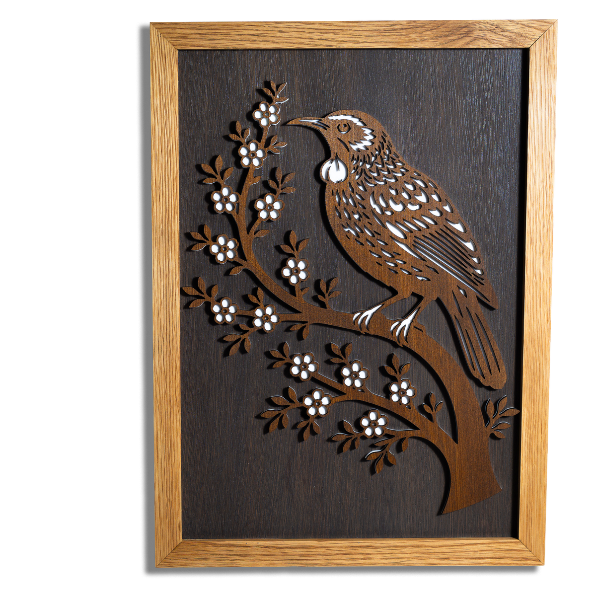 Tūī Layered Wall Art – A3, Oak or Walnut Frame