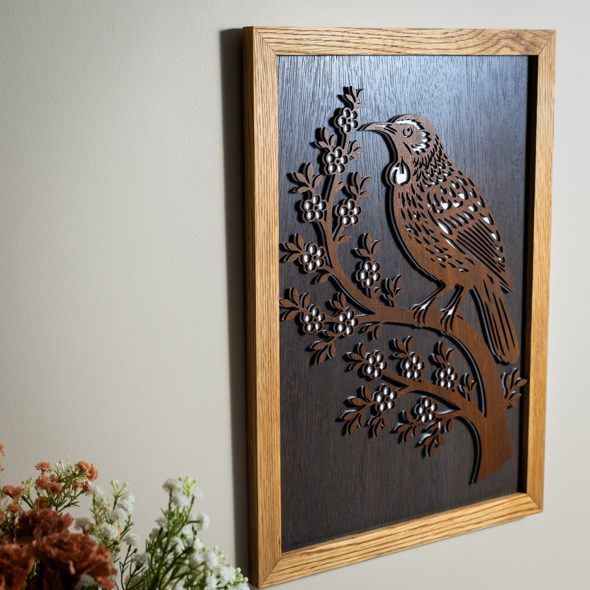 Tūī – A3 Signature Wall Art (Oak or Walnut)