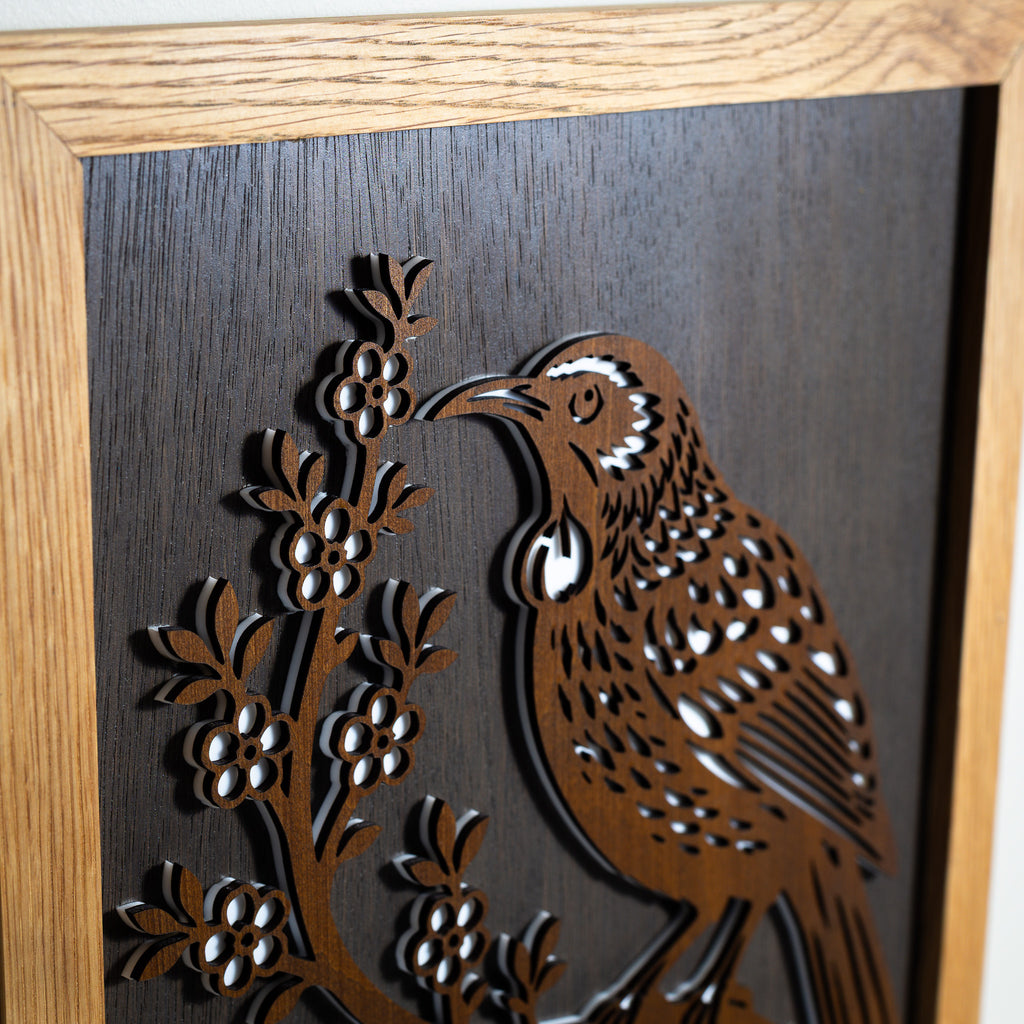 Tūī – A3 Signature Wall Art (Oak or Walnut)