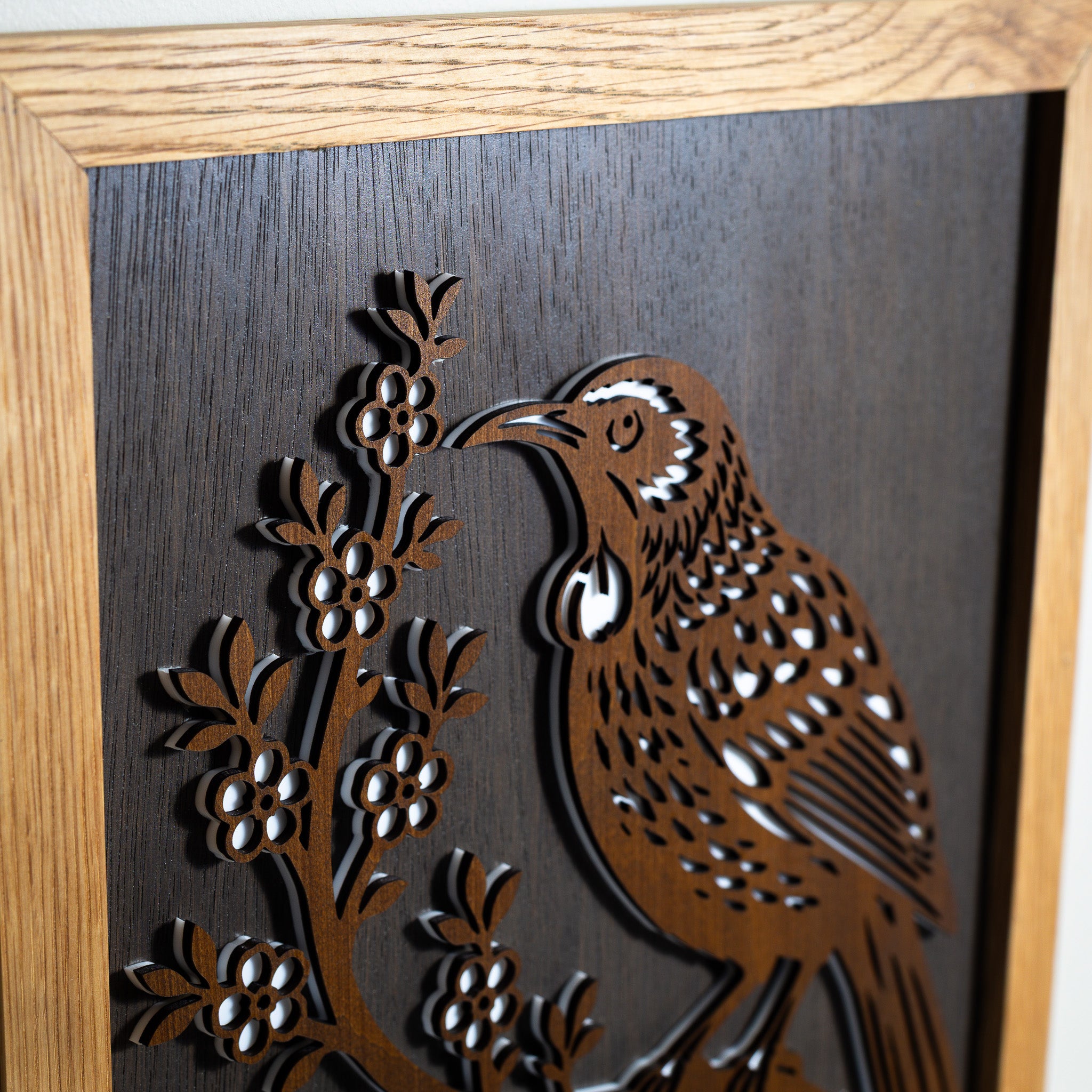 Tūī – A3 Signature Wall Art (Oak or Walnut)