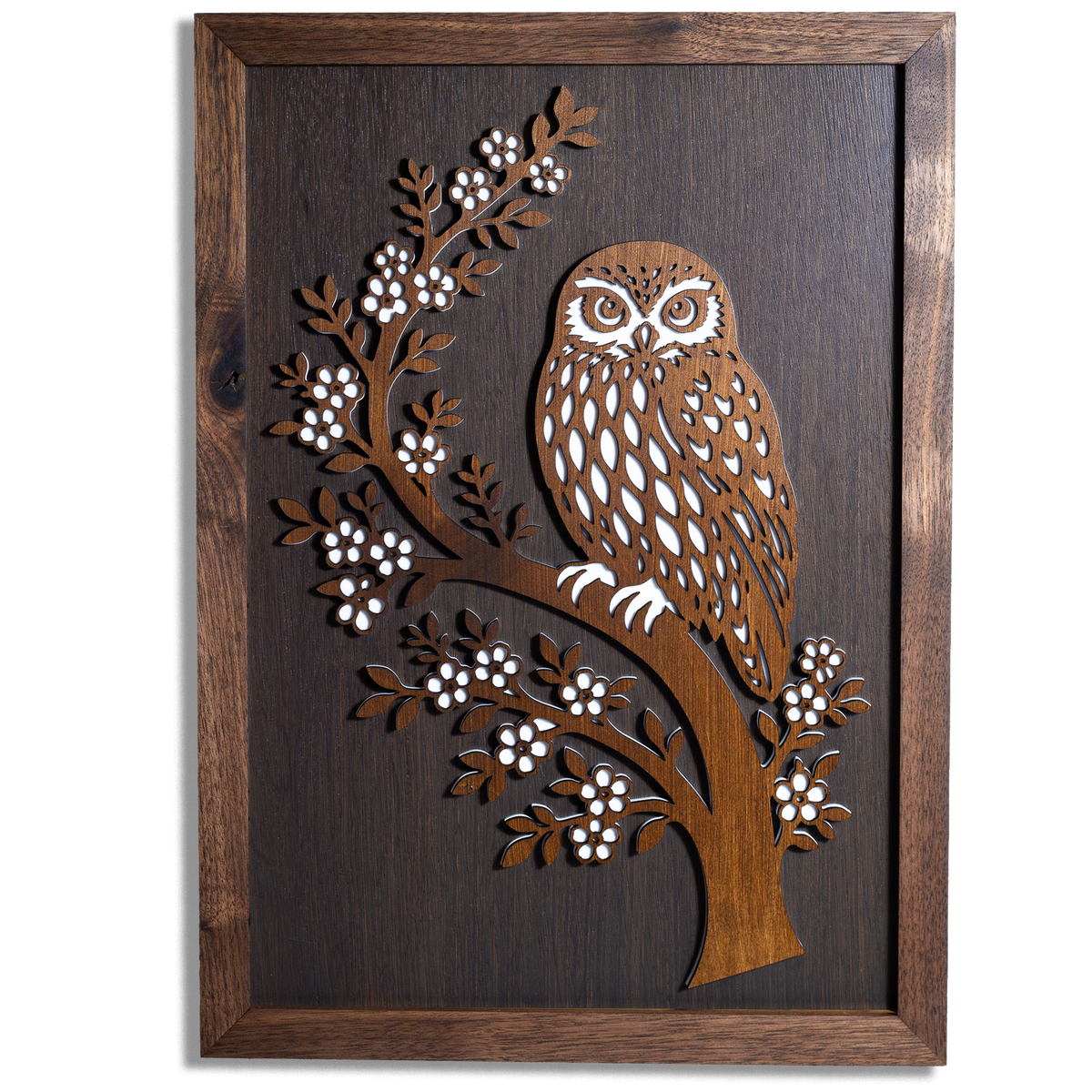 Morepork / Ruru Layered Wall Art – A3, Oak or Walnut Frame
