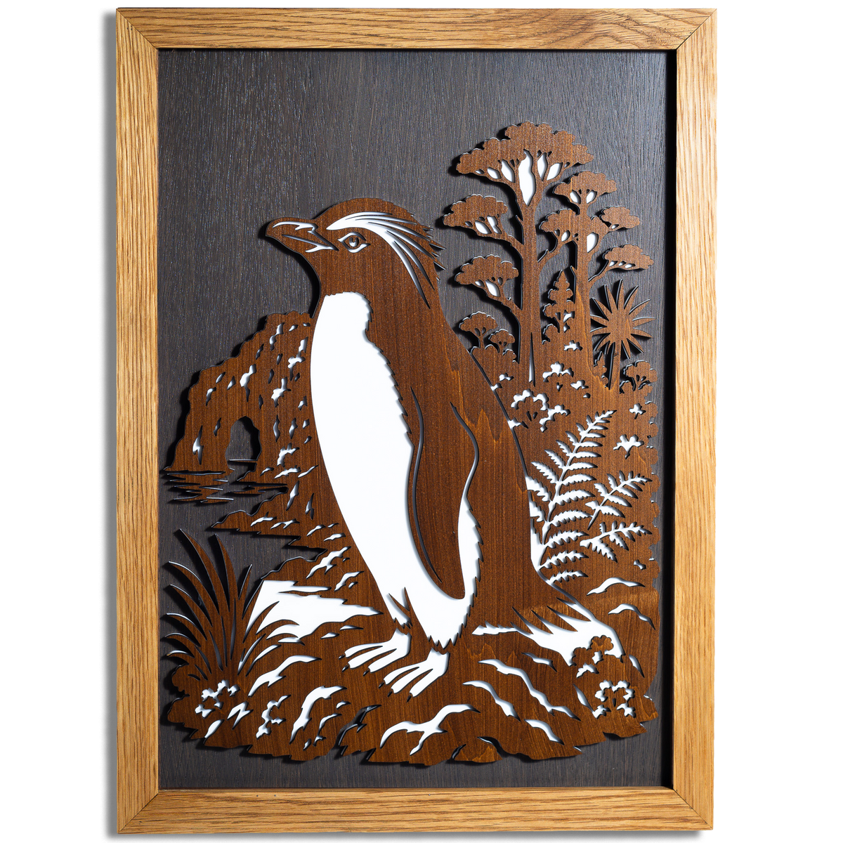 Tawaki Penguin Layered Wall Art – A3, Oak or Walnut Frame