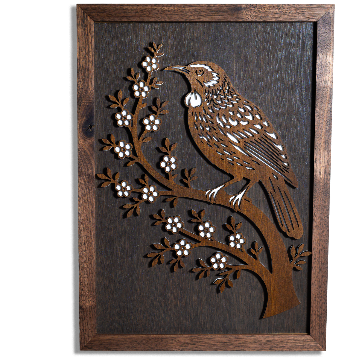 Tūī Layered Wall Art – A3, Oak or Walnut Frame