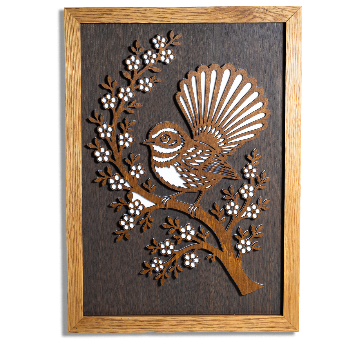 Fantail / Pīwakawaka Layered Wall Art – A3, Oak or Walnut Frame