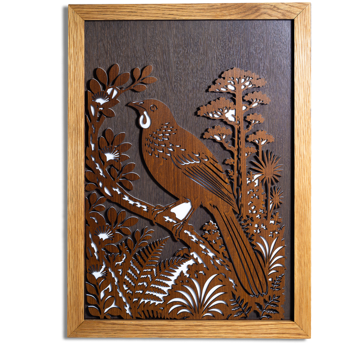 Kōkako Layered Wall Art – A3, Oak or Walnut Frame