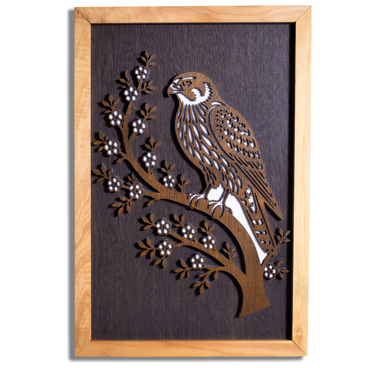 Kārearea NZ falcon layered timber wall art in a macrocarpa frame, front view
