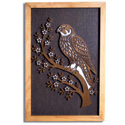 Kārearea NZ falcon layered timber wall art in a macrocarpa frame, front view