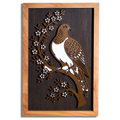 Kererū layered timber wall art in a macrocarpa frame, front view
