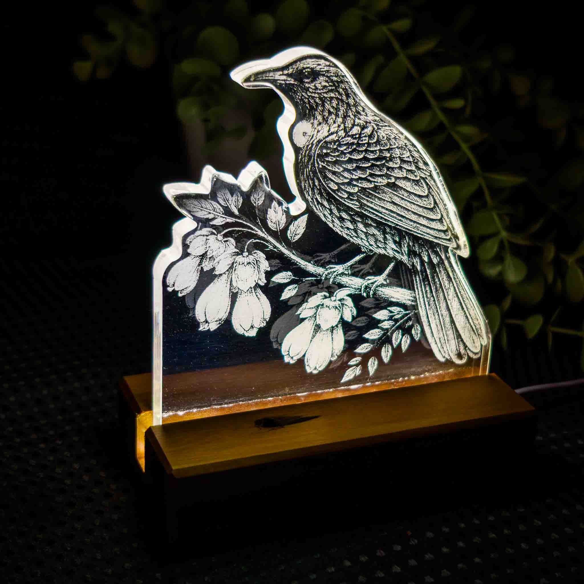 Tui – Acrylic LED Light (USB, Matai base) | Handmade NZ Timber | furnACE