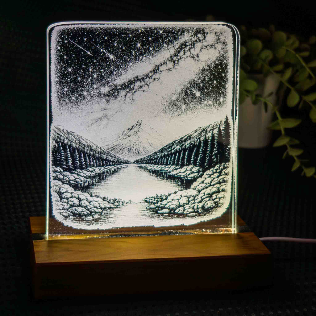 Mountain – Acrylic LED Light (USB, Matai base, wide) | Handmade NZ Timber | furnACE