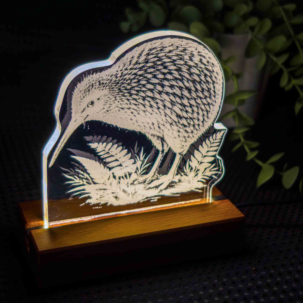 Kiwi – Acrylic LED Light (USB, Matai base, wide) | Handmade NZ Timber | furnACE