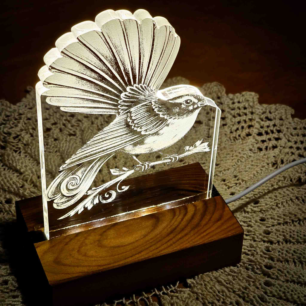 Fantail – Acrylic LED Light (USB, Matai base) | Handmade NZ Timber | furnACE