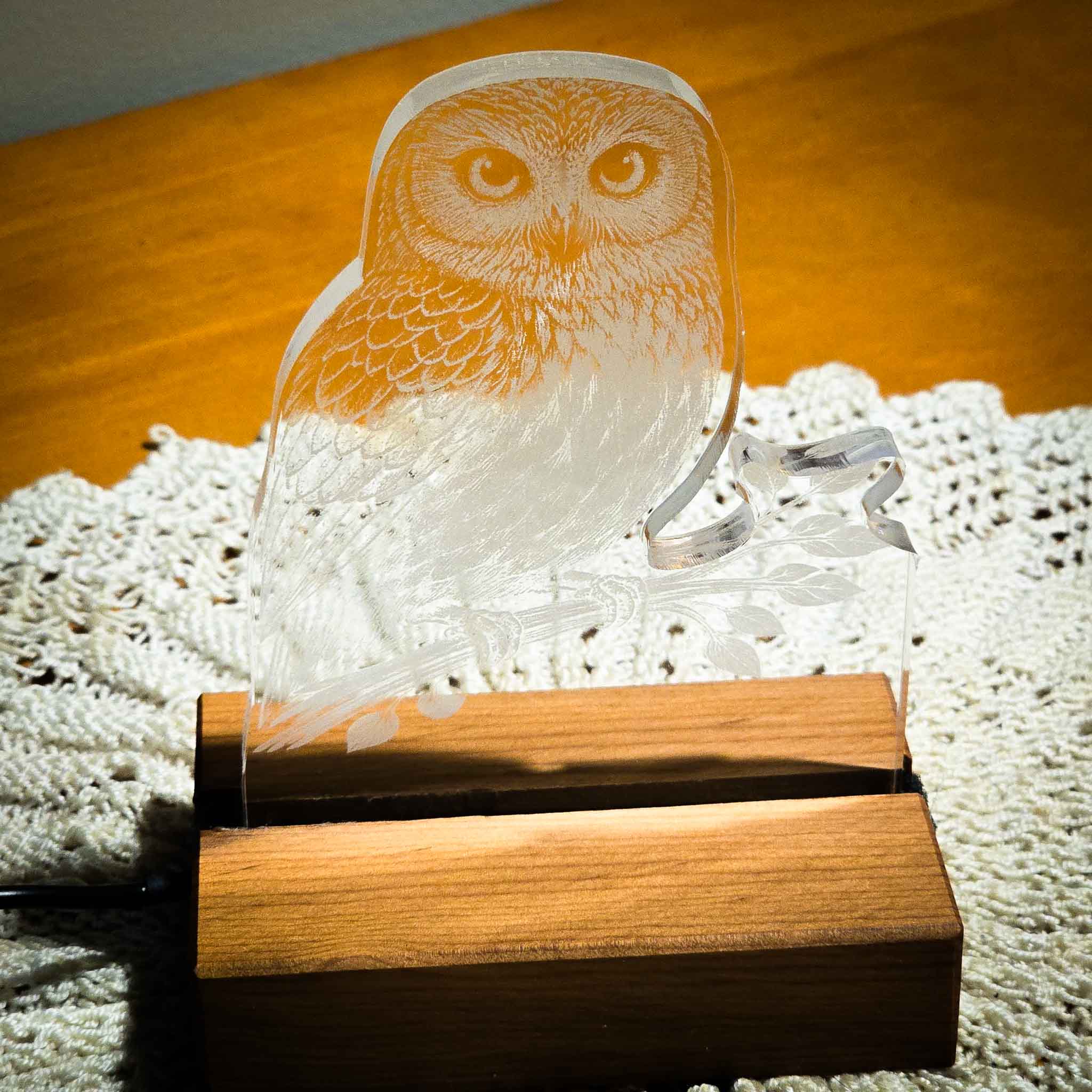 Morepork – Acrylic LED Light (USB, Matai base) | Handmade NZ Timber | furnACE