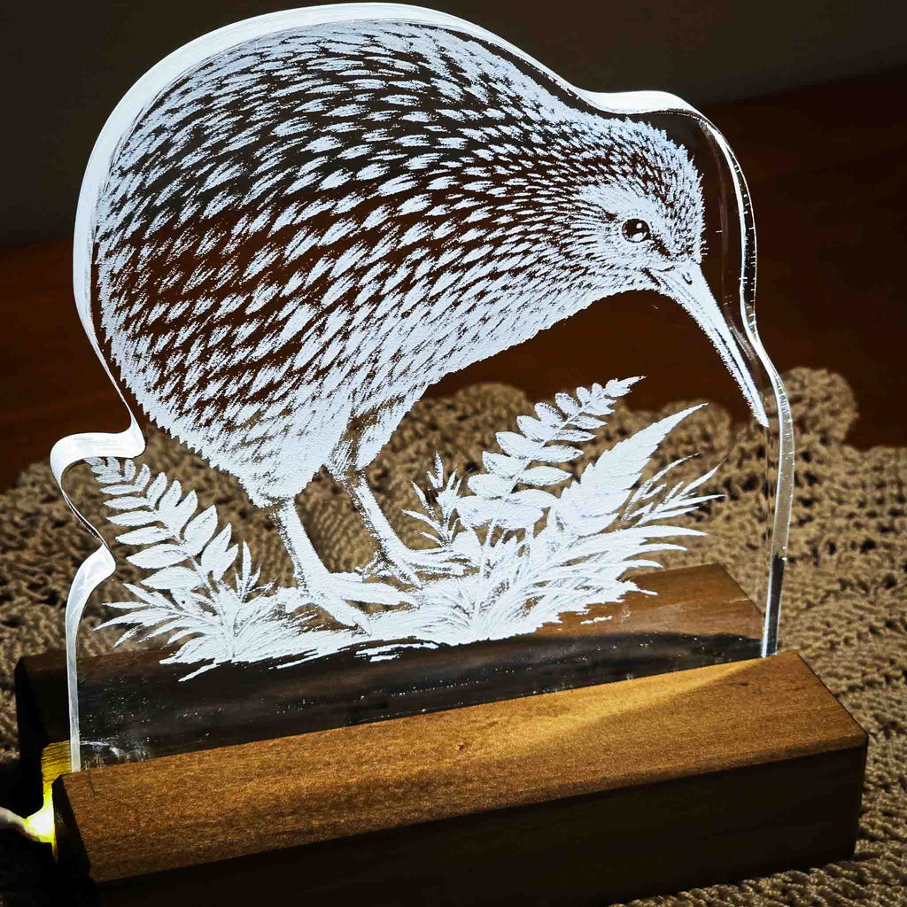Kiwi – Acrylic LED Light (USB, Matai base, wide) | Handmade NZ Timber | furnACE