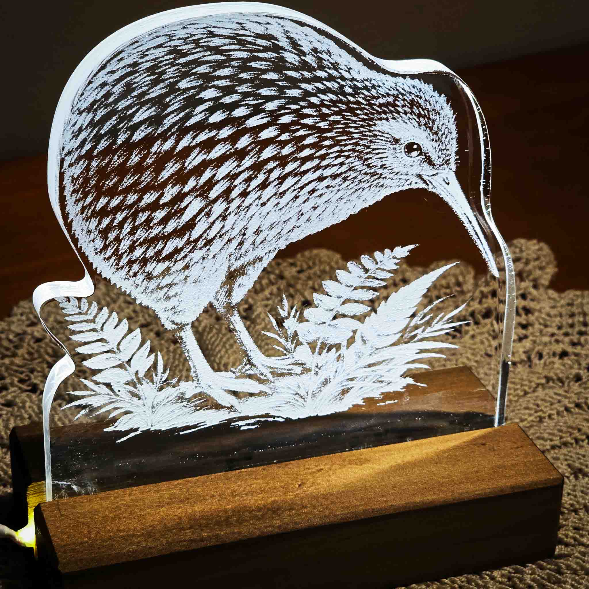 Kiwi – Acrylic LED Light (USB, Matai base, wide) | Handmade NZ Timber | furnACE