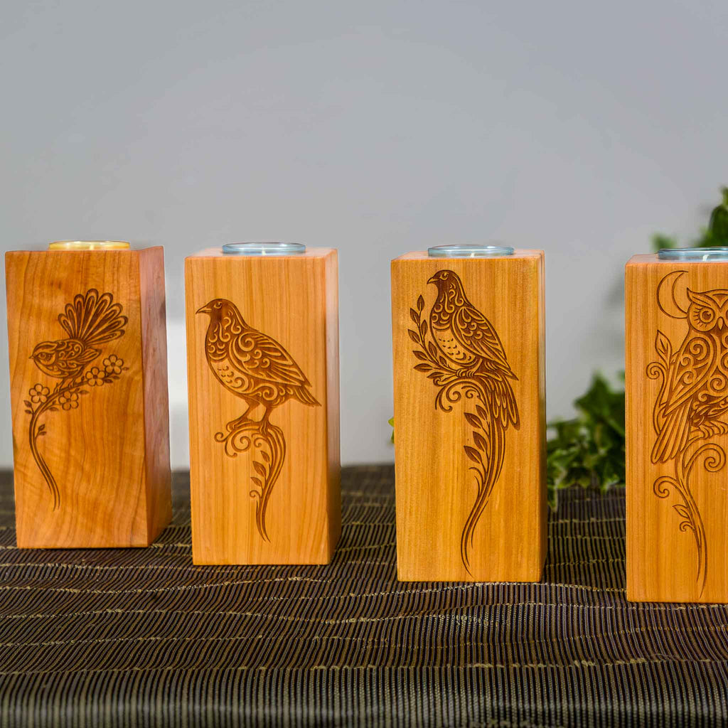 Large Macrocarpa Candle Holder, NZ Bird Engraved Timber Gift