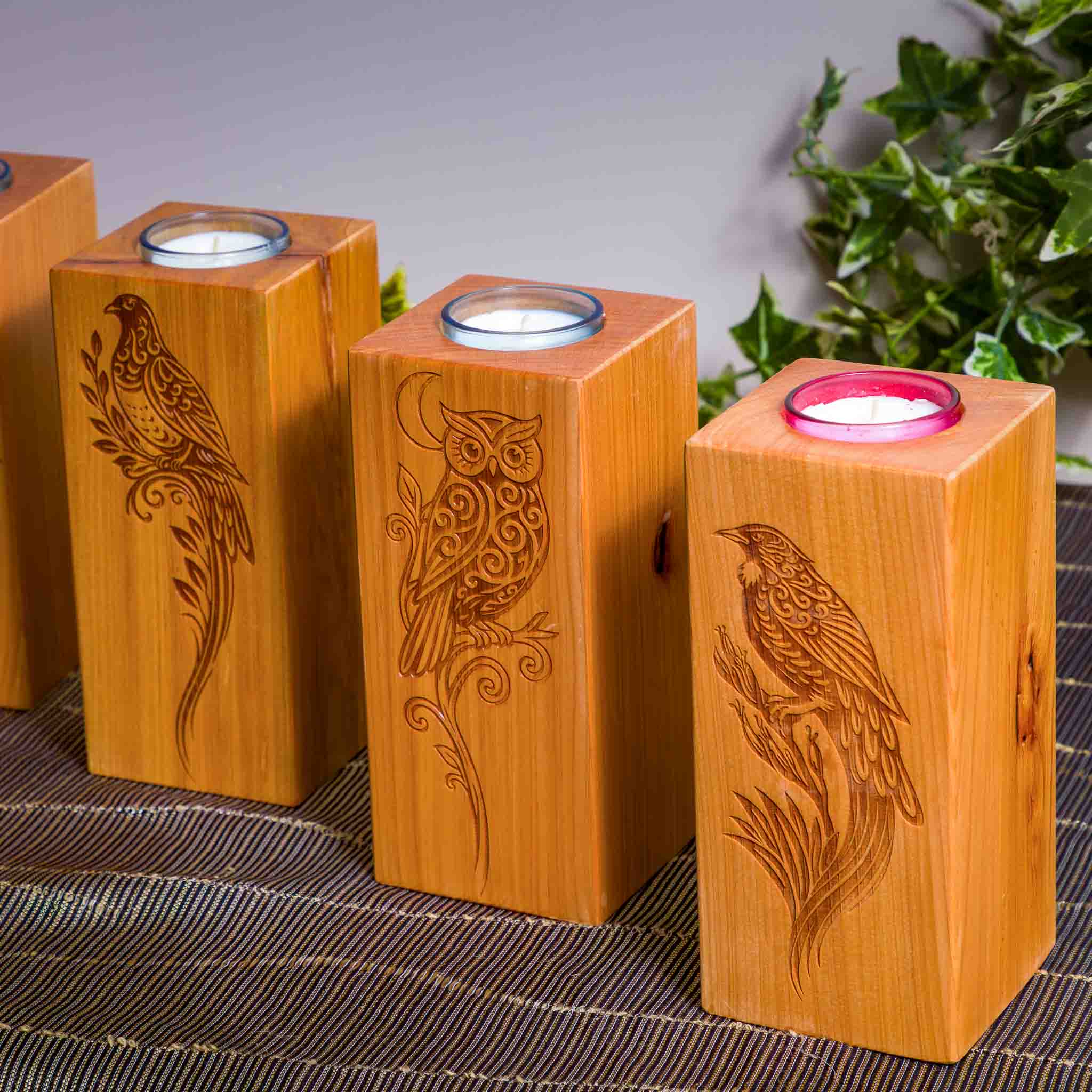 Large Macrocarpa Candle Holder, NZ Bird Engraved Timber Gift