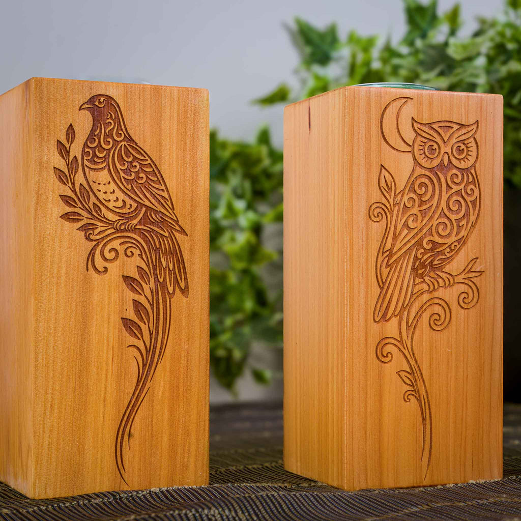 Large Macrocarpa Candle Holder, NZ Bird Engraved Timber Gift