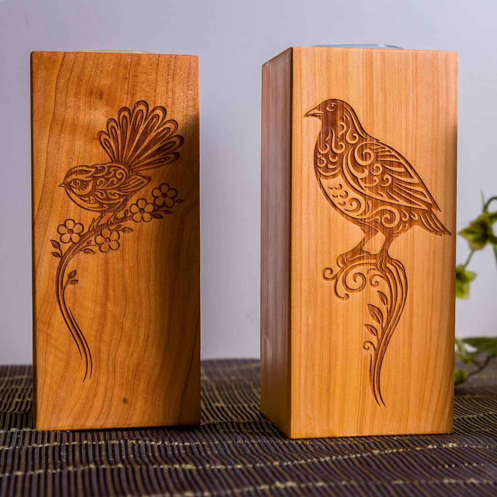 Large Macrocarpa Candle Holder, NZ Bird Engraved Timber Gift