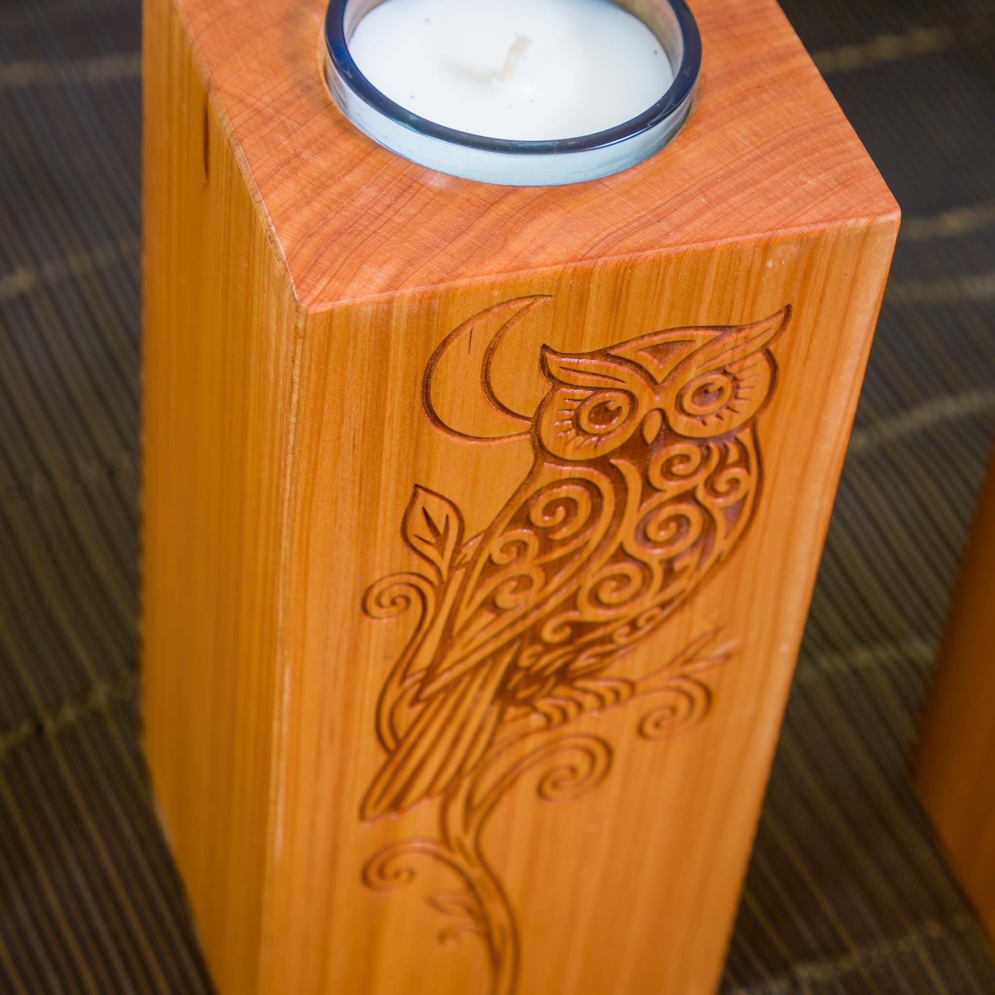 Large Macrocarpa Candle Holder, NZ Bird Engraved Timber Gift