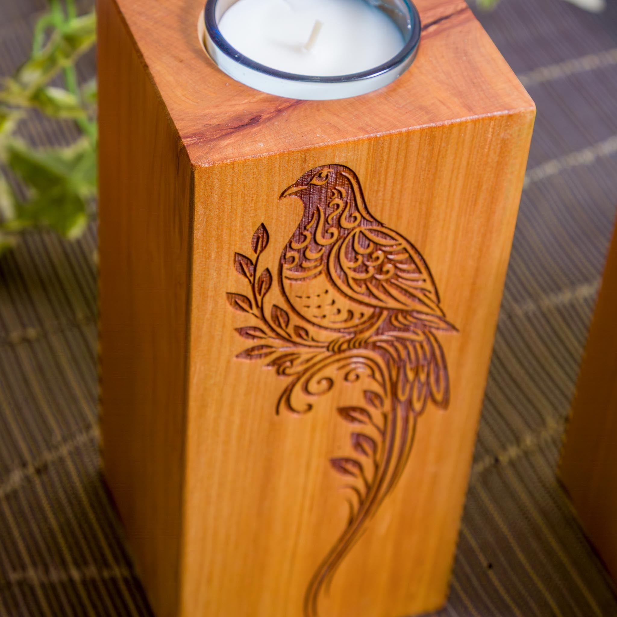 Large Macrocarpa Candle Holder, NZ Bird Engraved Timber Gift