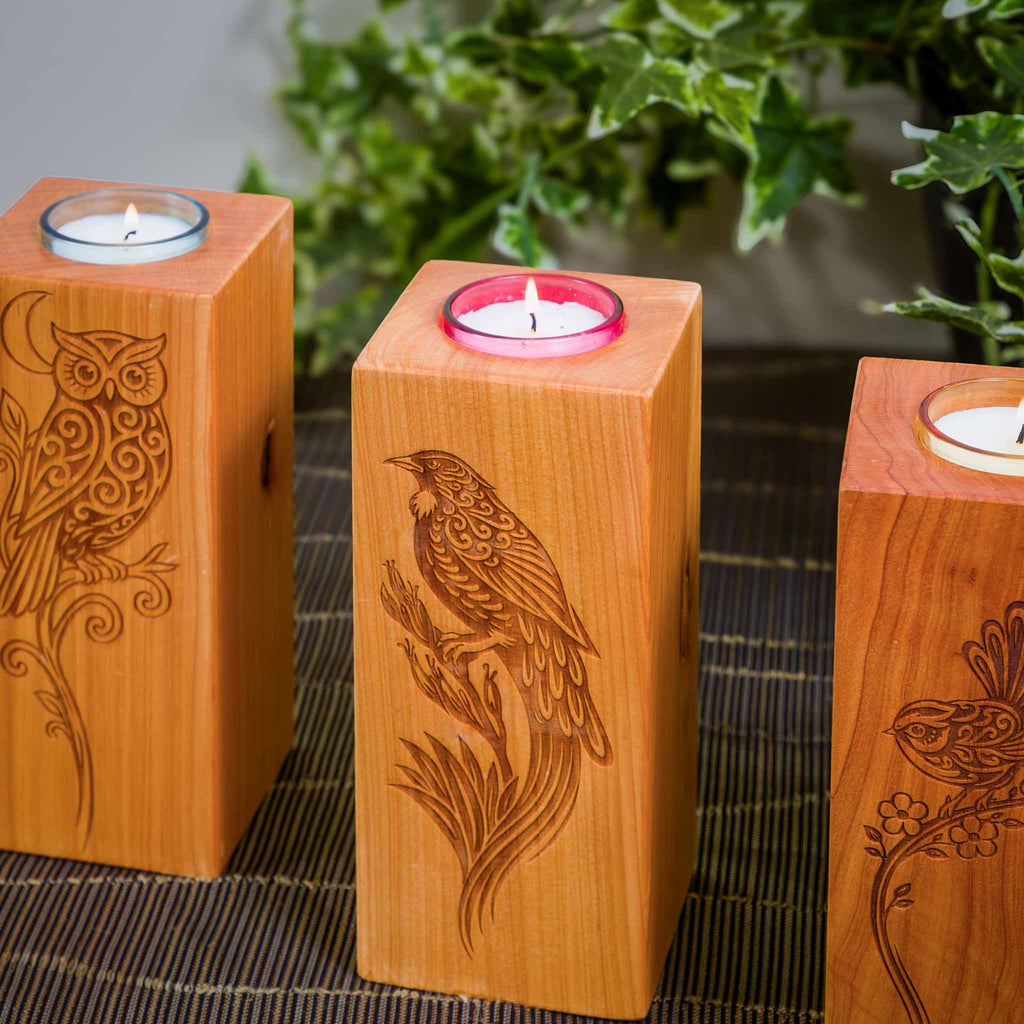 Large Macrocarpa Candle Holder, NZ Bird Engraved Timber Gift